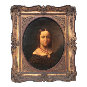 18th Century American Victorian Oil Painting Portrait of A Lady Wearing Garnet Necklace and Oval Cameo Locket